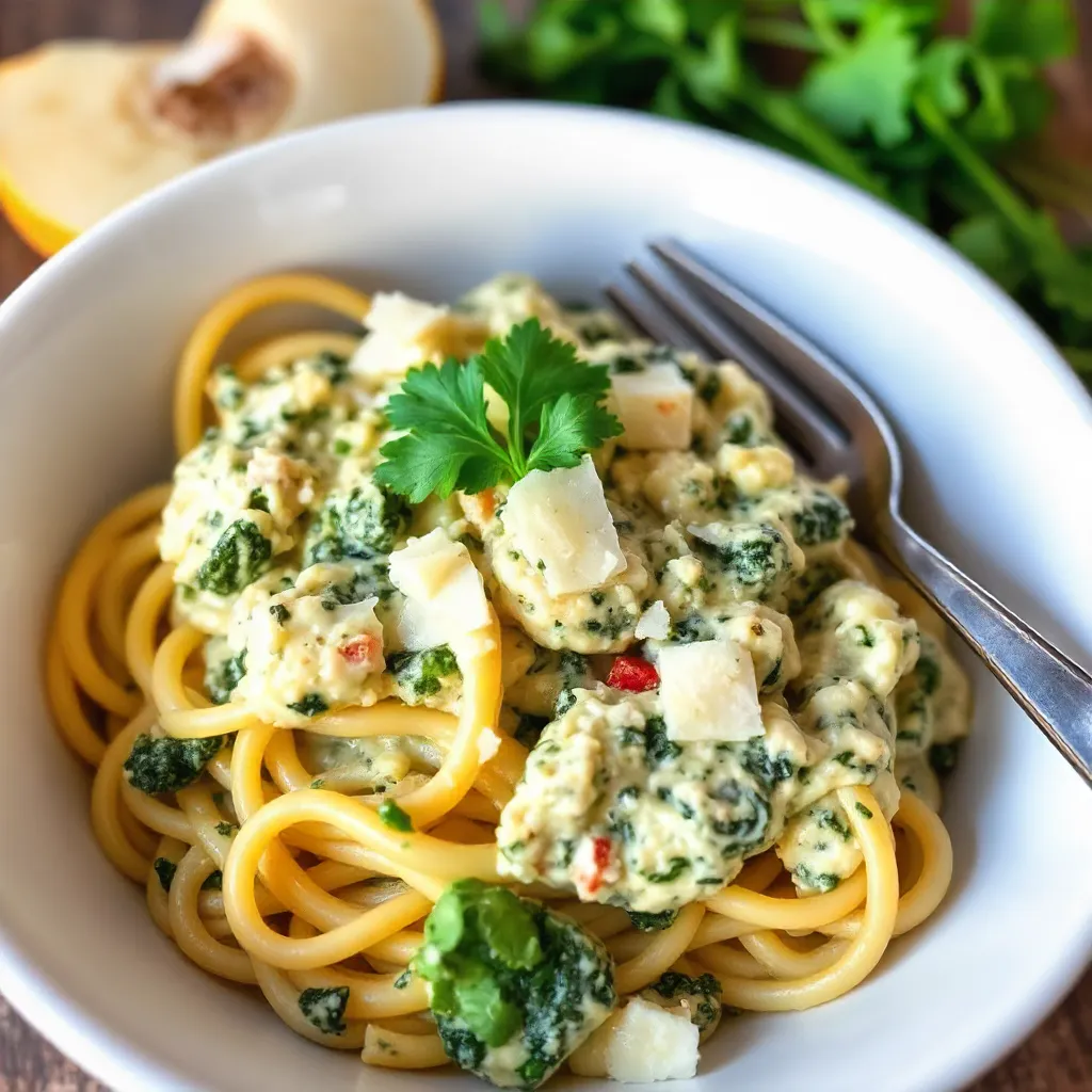 Creamy one-pot spinach-artichoke dip pasta with cheese and parsley