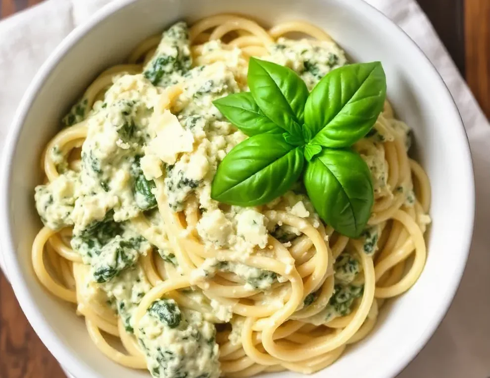 Creamy pasta made with spinach-artichoke dip, topped with Parmesan and basil