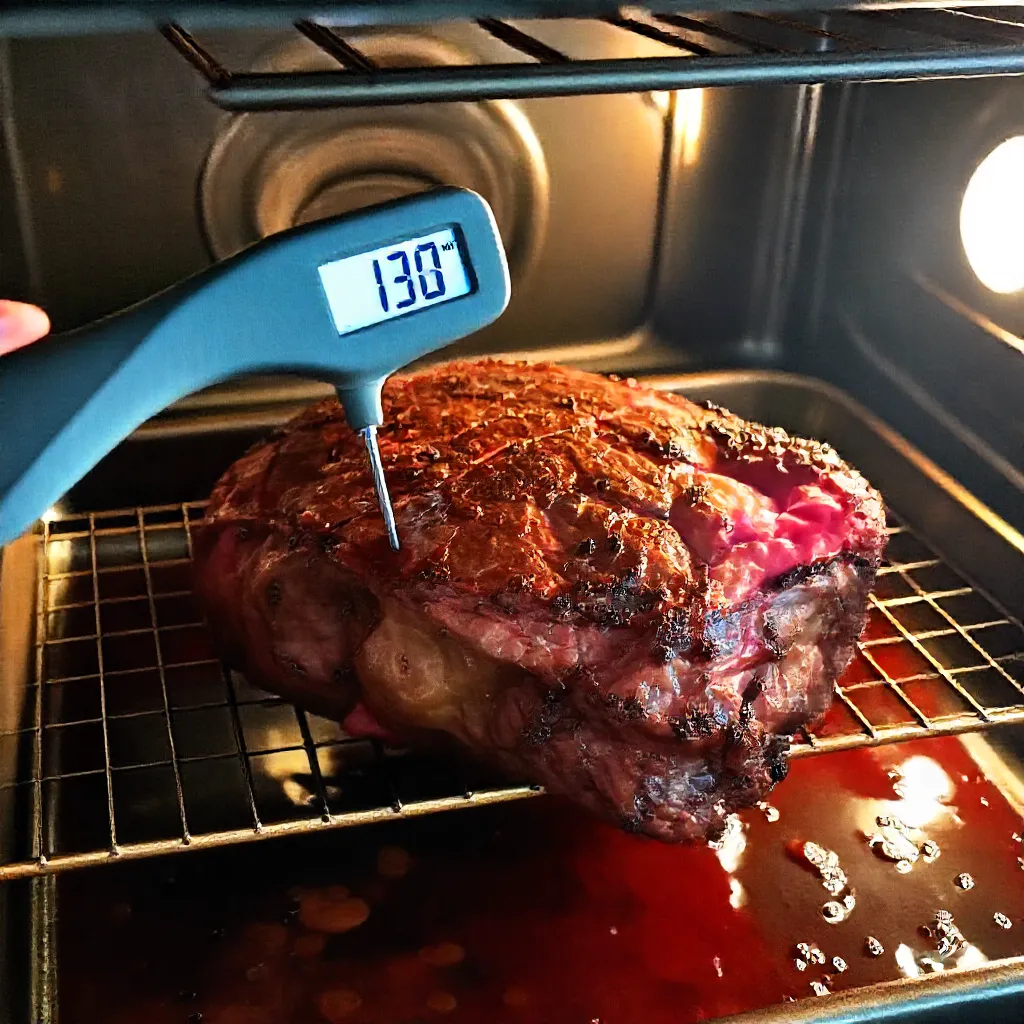 Meat thermometer reading 130°F inside a ribeye roast in the oven