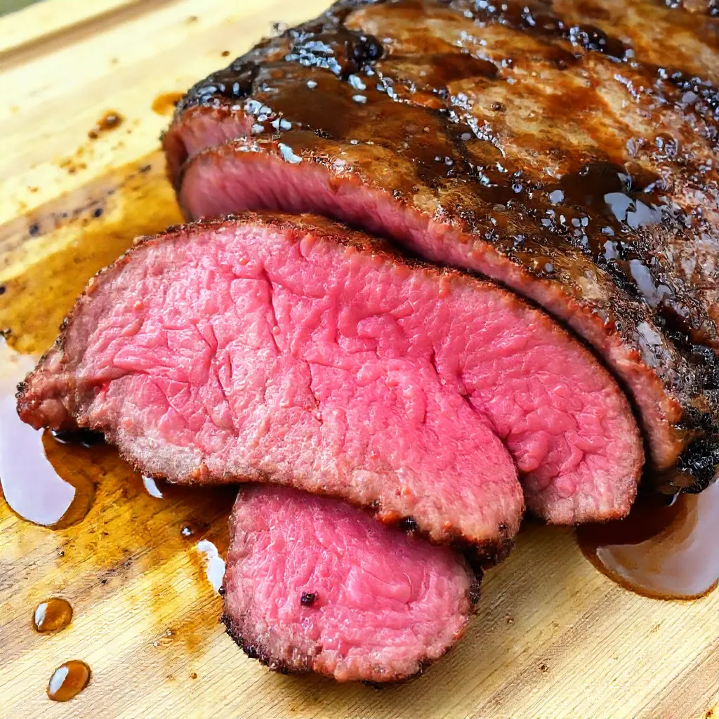 Tender ribeye roast sliced to reveal a perfect medium-rare center.