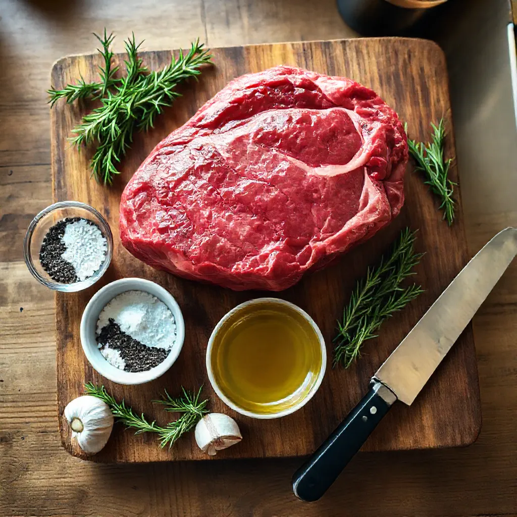 Fresh ingredients for a ribeye roast recipe, including ribeye beef, salt, pepper, garlic, and rosemary.