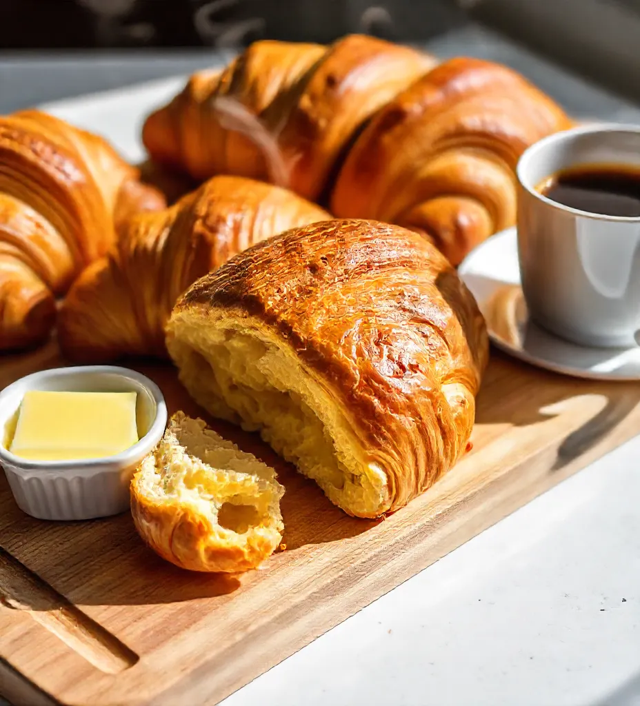 Golden, flaky Swiss Butter Croissants with layers of buttery dough