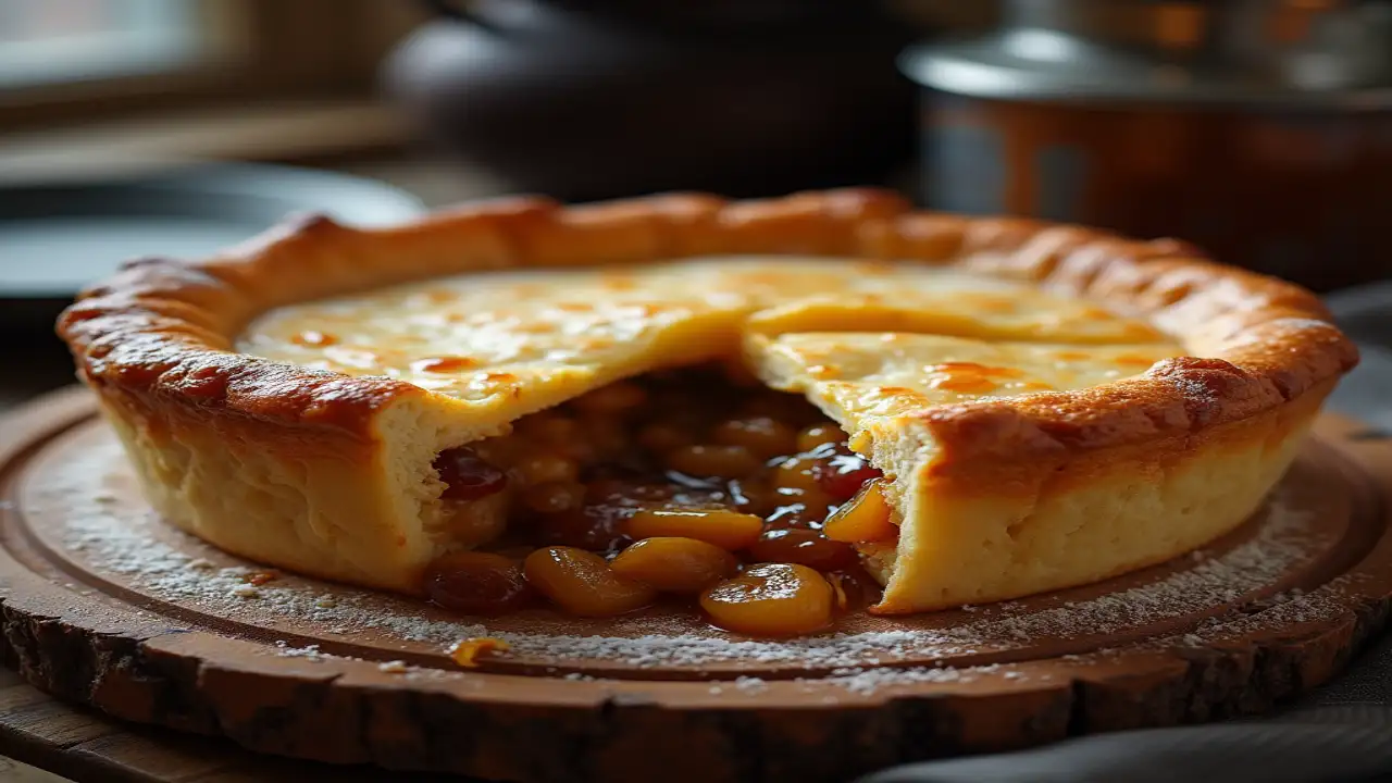 Traditional Scotch pie with golden crust served on a wooden board