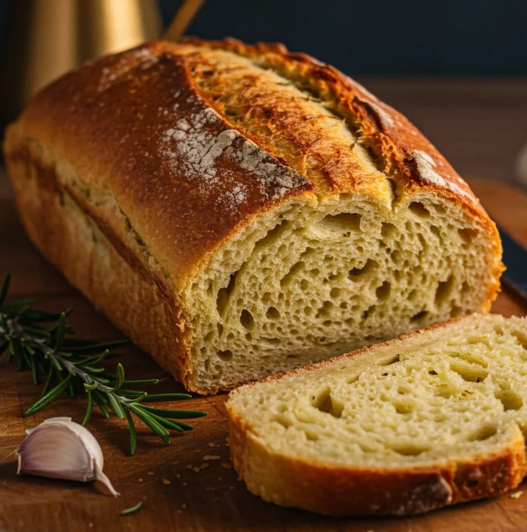 Freshly baked rustic no-knead rosemary garlic bread on a wooden board.