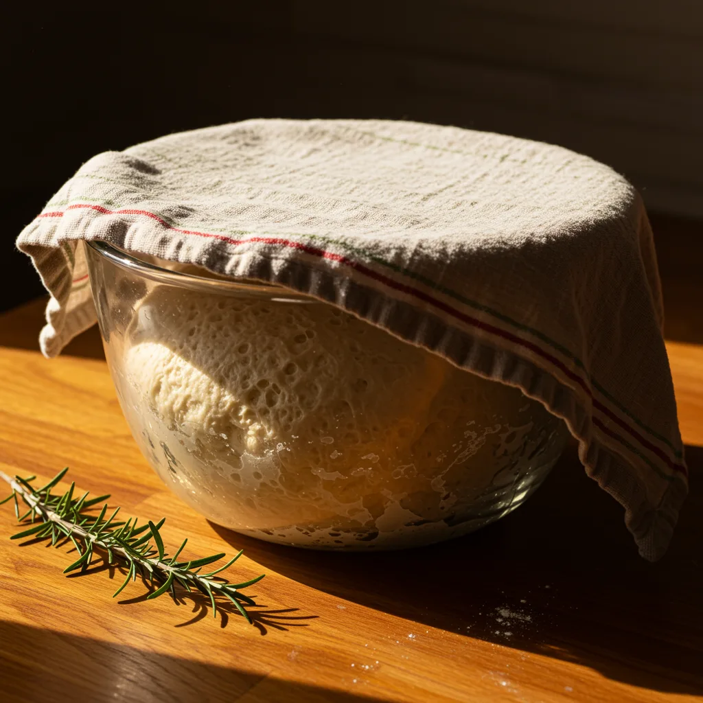 No-knead rosemary garlic bread dough rising in a glass bowl overnight.