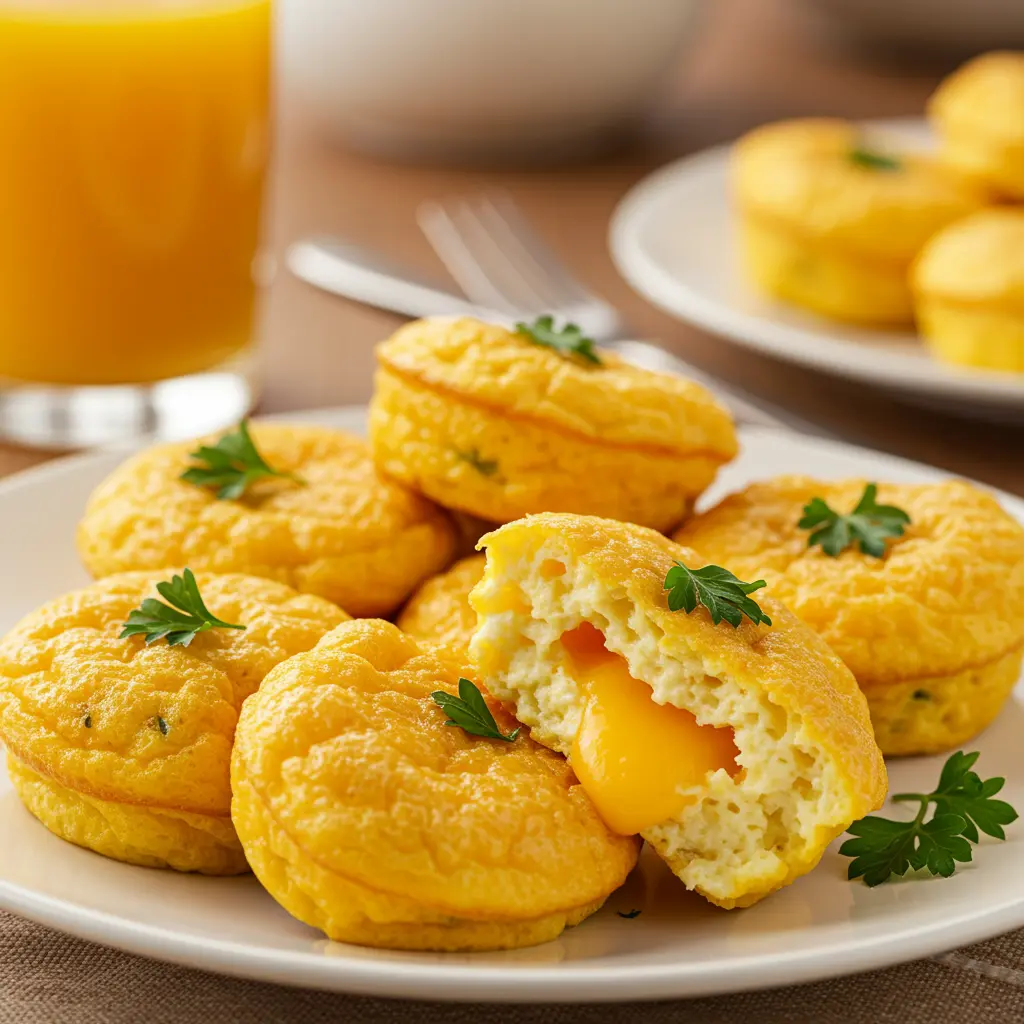 Golden, fluffy egg bites served on a white plate with fresh parsley