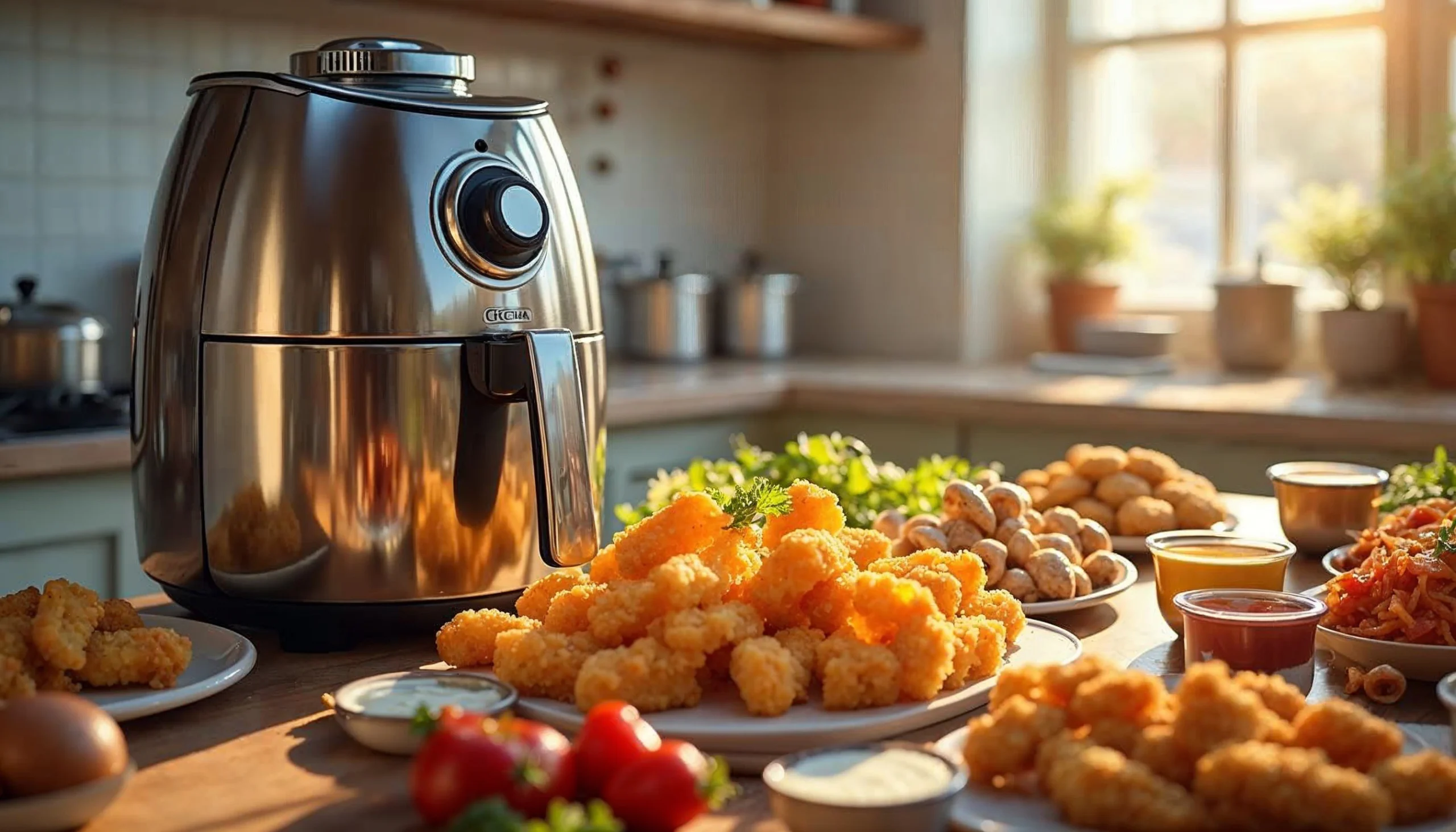 Modern air fryer with crispy fries and vegetables on a kitchen counter.