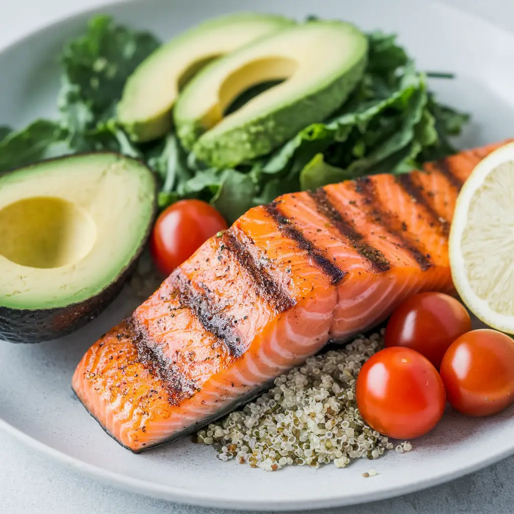 A nutritious healthy meal with salmon, avocado, quinoa, and fresh vegetables.