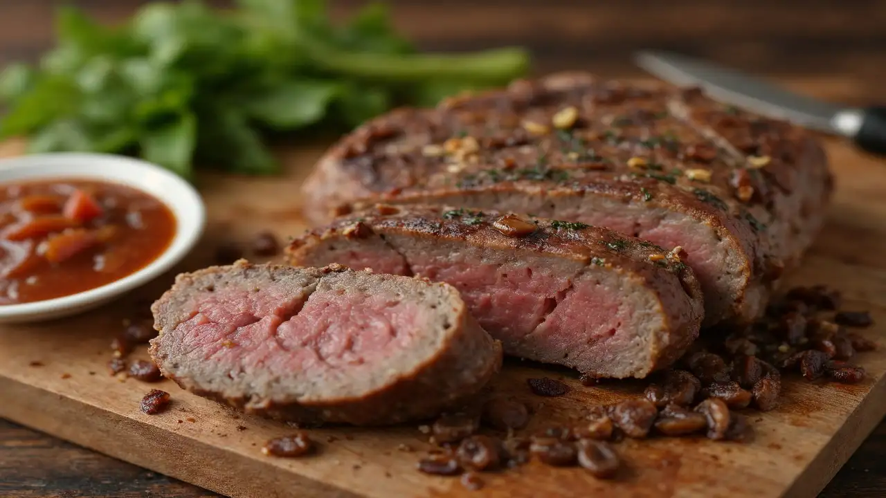 Juicy Mounjaro-friendly Brazilian Picanha steak sliced and served with chimichurri sauce.