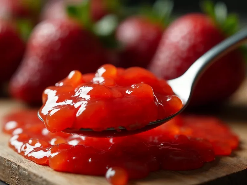 Homemade strawberry jam close-up with fresh strawberries.