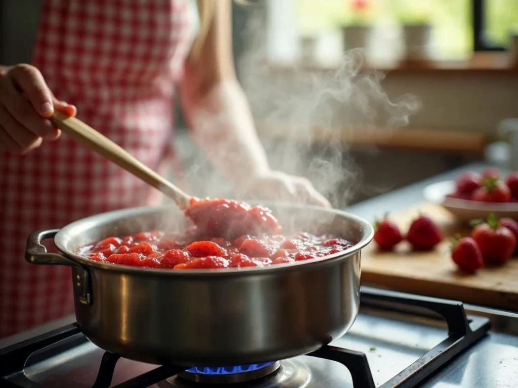 Strawberry jam cooking in a pot with steam rising.