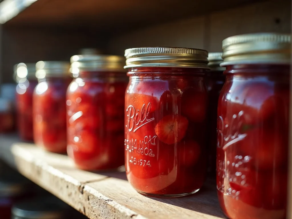 Glass jars of homemade strawberry jam stored on a wooden shelf.