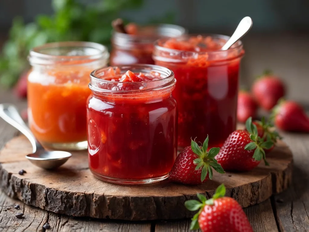 Different strawberry jam flavors, including vanilla and cinnamon