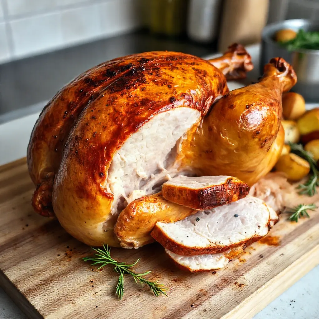 Golden-brown rotisserie chicken with crispy skin