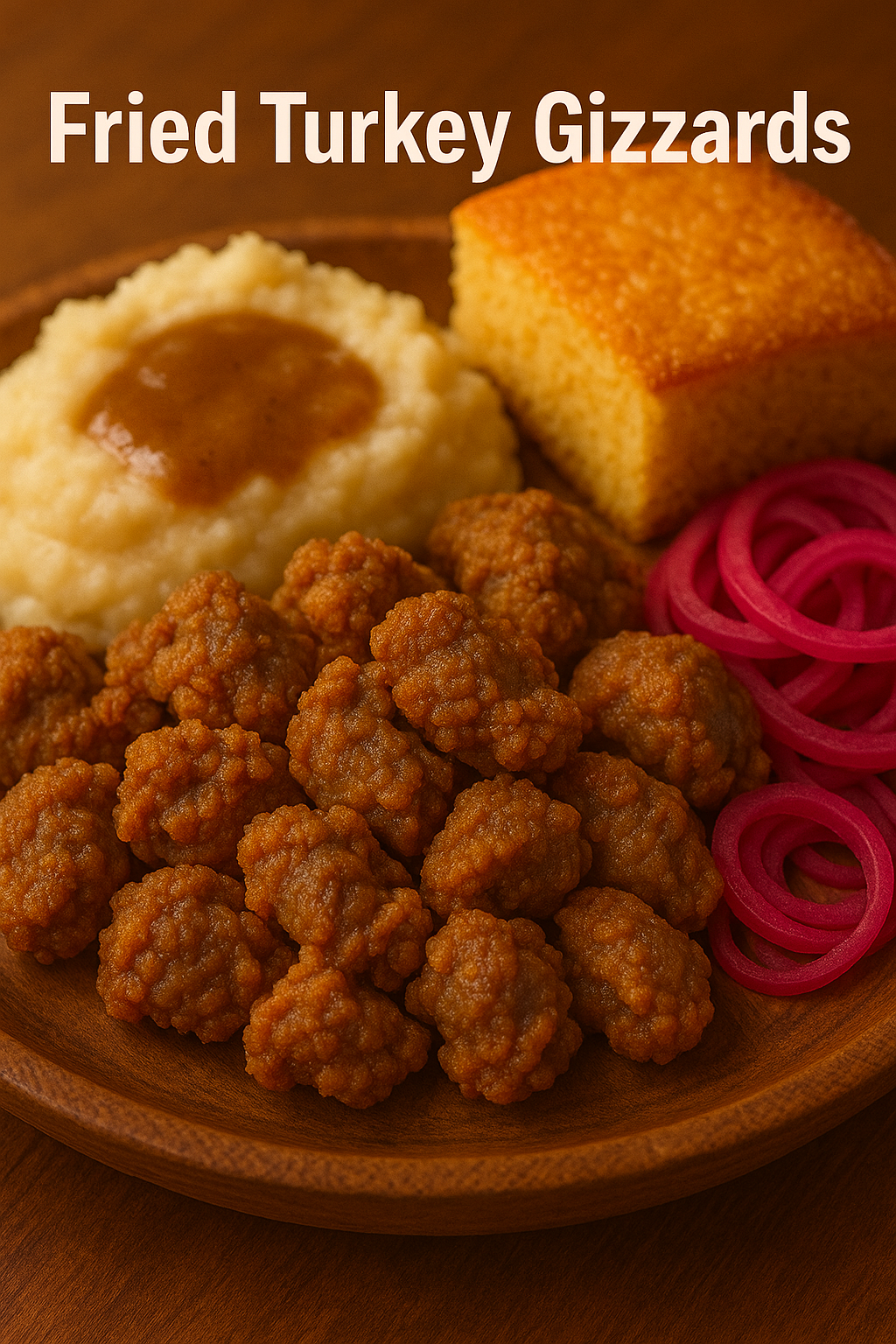 Fried turkey gizzards served with mashed potatoes and cornbread on a rustic plate