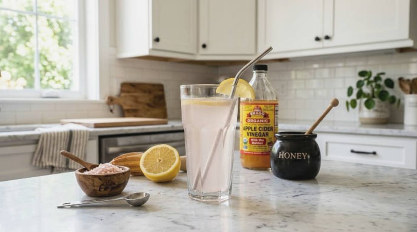 Himalayan pink salt wellness drink in a glass on a white marble kitchen counter with lemon, vinegar, and salt